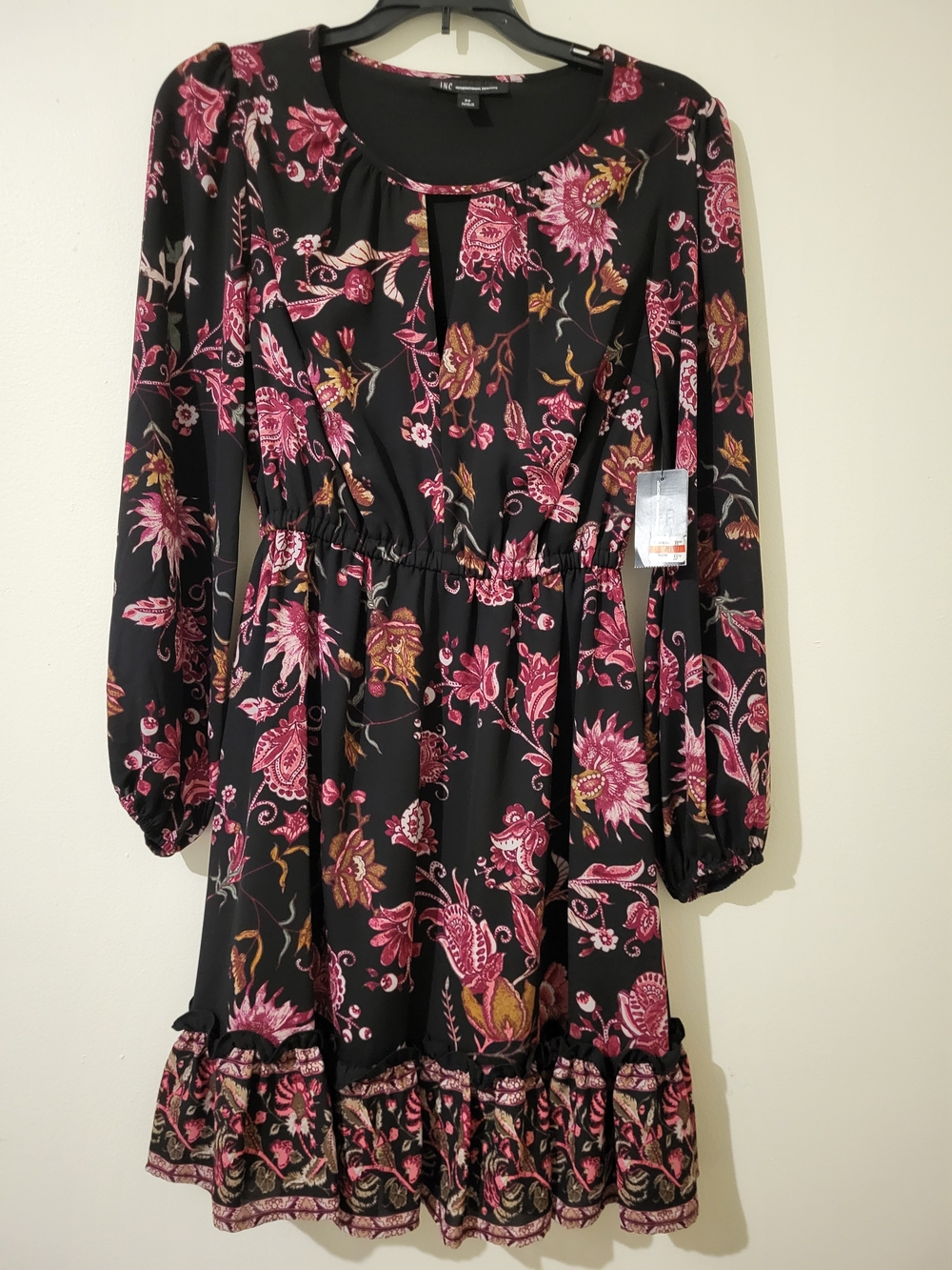 NWT Womens Black Floral Long Sleeve Dress Smocked Blouson Sleeves Boho Chic